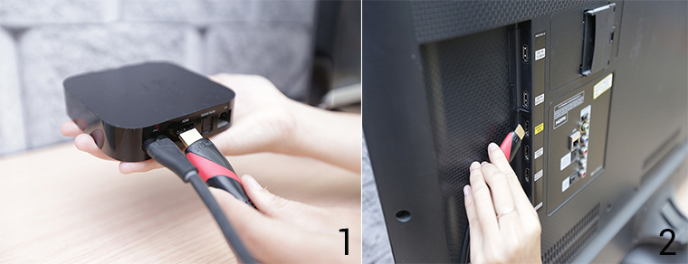 Cắm một đầu sợi cáp HDMI vào Apple TV, đầu còn lại cắm vào tivi Cắm một đầu sợi cáp HDMI vào Apple TV, đầu còn lại cắm vào tivi