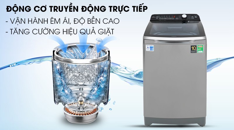 Máy giặt Aqua Inverter 10 Kg AQW-DR100ET S-Hoạt động êm, độ bền cao với động cơ truyền động trực tiếp