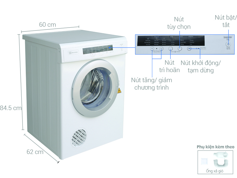 Máy sấy chồng lên máy giặt - Máy sấy Electrolux 7.5 kg EDV7552