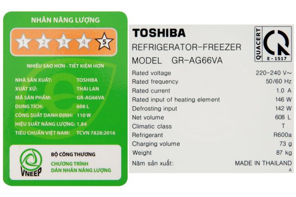 Tu Lanh Toshiba Inverter 608 Lit Gr Ag66va Gg