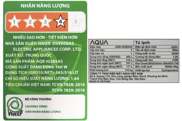 Tu Lanh Aqua Inverter 518 Lit Aqr Ig585as Sg