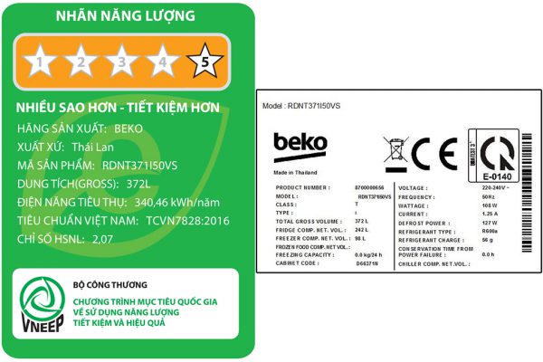 Tu Lanh Beko Inverter 340 Lit Rdnt371i50vs