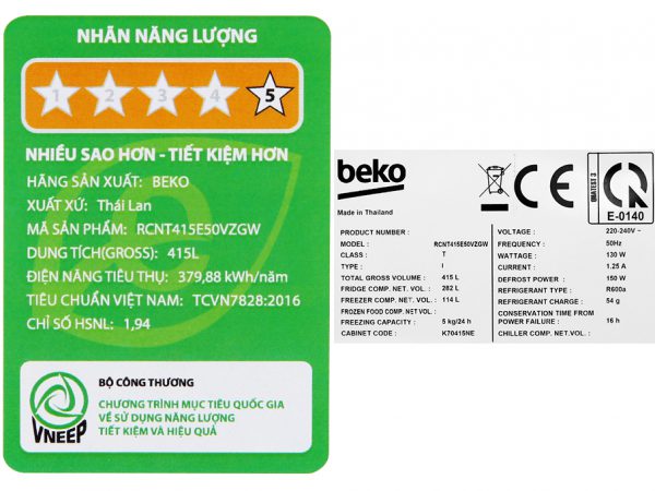 Tu Lanh Beko Inverter 396 Lit Rcnt415e50vzgw