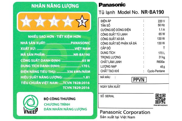 Tu Lanh Panasonic Inverter 170 Lit Nr Ba190ppvn