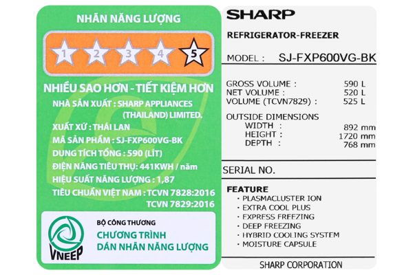 Tu Lanh Sharp Inverter 525 Lit Sj Fxp600vg Bk