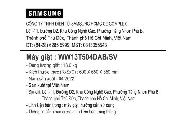 May Giat Samsung Inverter 13 Kg Ww13t504dab