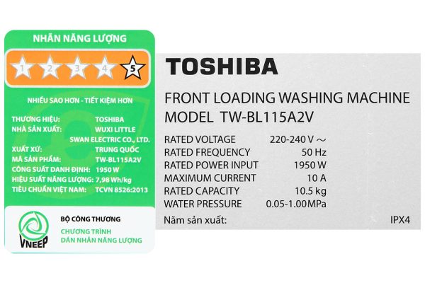 May Giat Toshiba Inverter 10.5 Kg TW BL115A2V(SS)