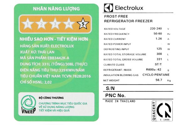 Tu Lanh Electrolux Inverter 308 Lit Ebb3442k A