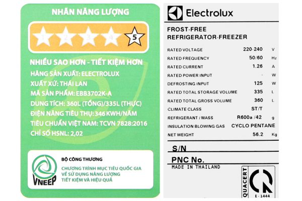 Tu Lanh Electrolux Inverter 335 Lit Ebb3702k A