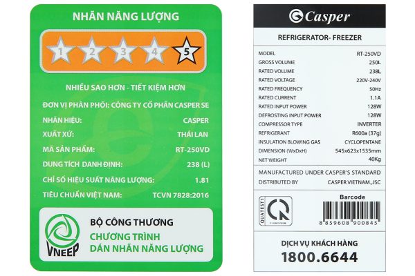 Tu Lanh Casper Inverter 238 Lit Rt 250vd