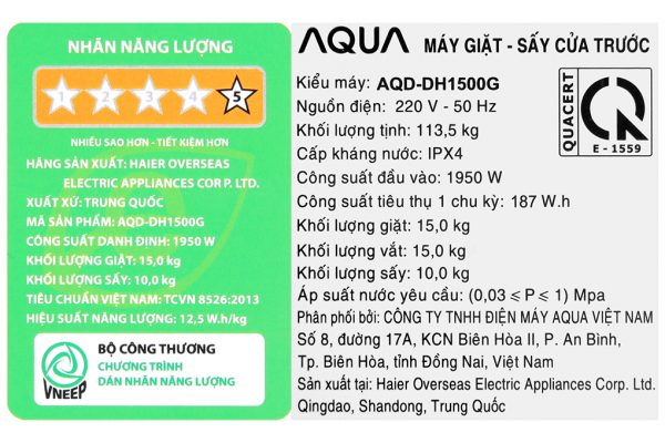 May Giat Say Aqua Inverter 15 Kg Aqd Dh1500g Pp