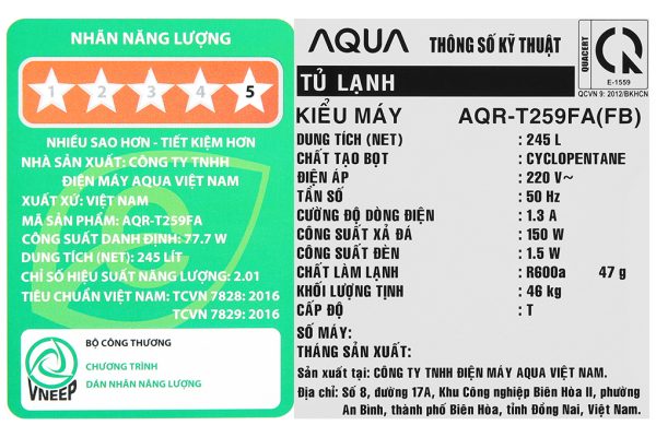 Tu Lanh Aqua Inverter 245 Lit Aqr T259fafb