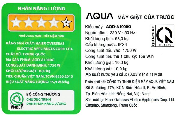 May Giat Aqua Inverter 10 Kg Aqd A1000g S
