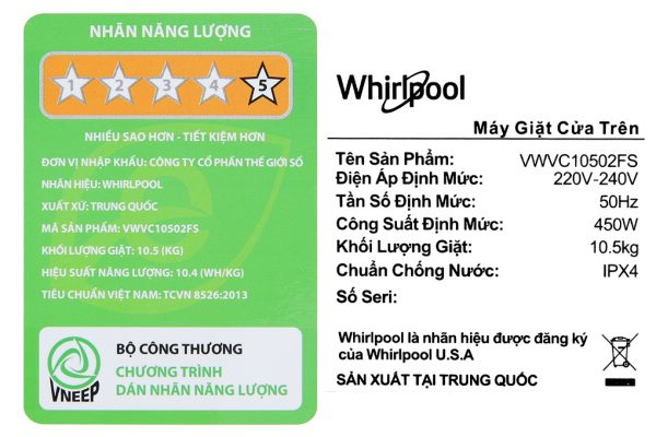 May Giat Whirlpool 10.5 Kg VWVC10502FS