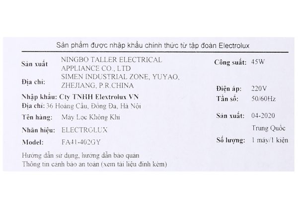 May Loc Khong Khi Electrolux Fa41 402gy 45w