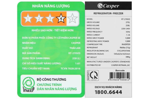 Tu Lanh Casper Inverter 258 Lit Rt 270vd