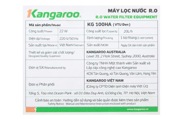May Loc Nuoc R.O Hydrogen Kangaroo VTU KG100HA 9 Lõi