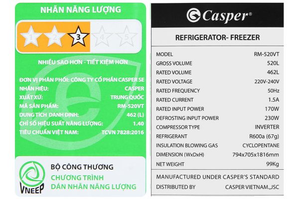 Tu Lanh Casper Inverter 462 Lit Rm 520vt