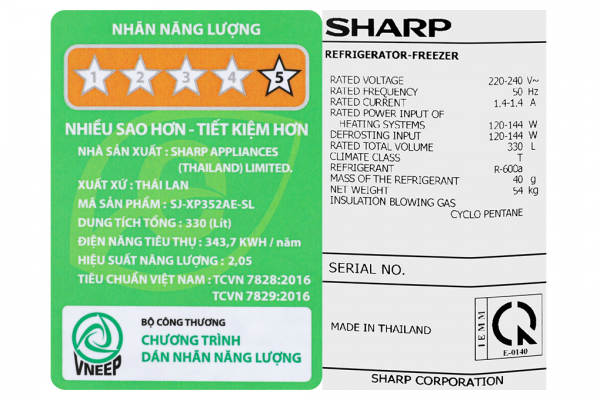 Tu Lanh Sharp Inverter 330 Lit Sj Xp352ae Sl