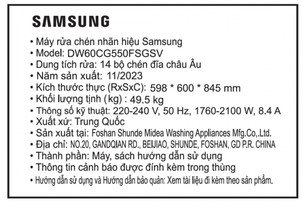 May Rua Chen Doc Lap Samsung Dw60cg550fsgsv