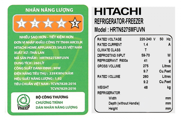 Tu Lanh Hitachi Inverter 260 Lit Hrtn5275mfuvn