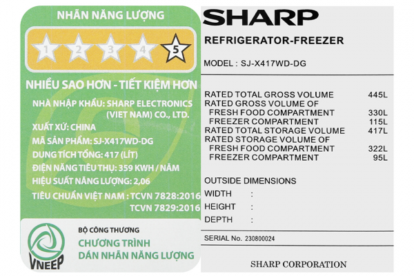 Tu Lanh Sharp Inverter 417 Lit Sj X417wd Dg