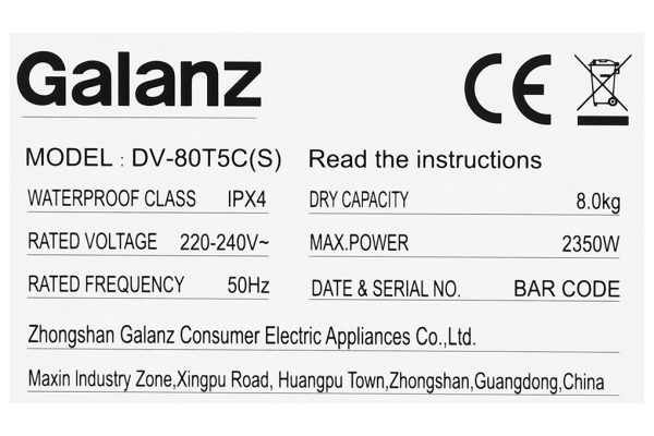 Máy sấy thông hơi Galanz 8 kg DV-80T5C(S)