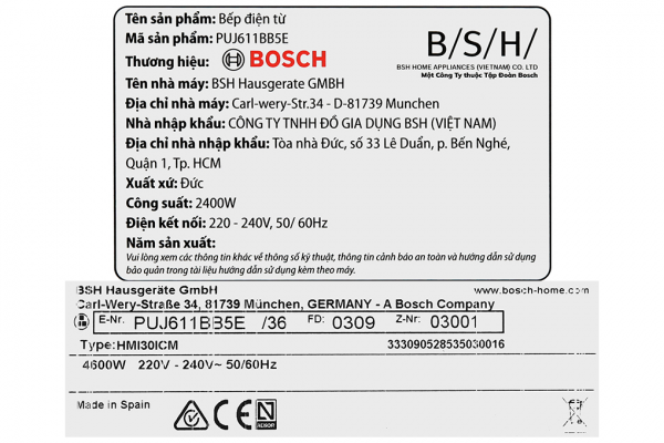 Bếp từ 3 vùng nấu lắp âm Bosch PUJ611BB5E