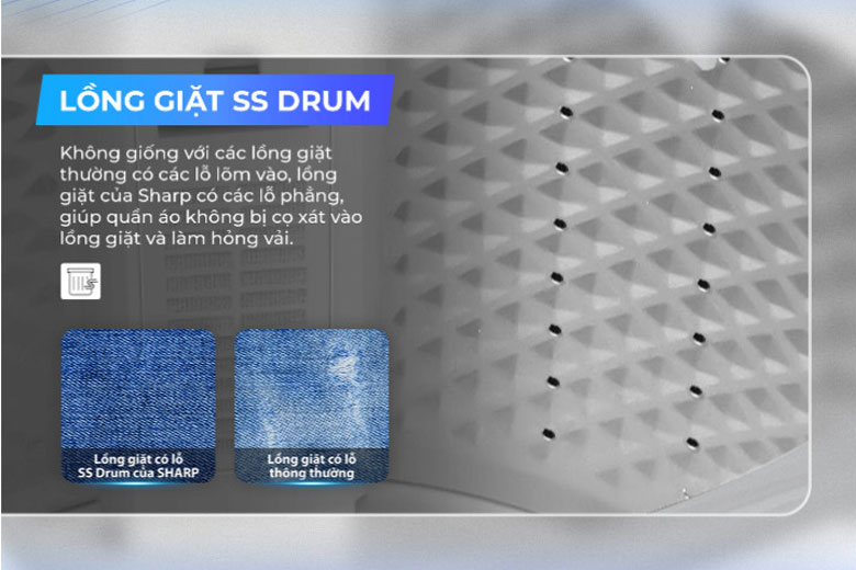 Máy giặt Sharp 8.5kg ES-Y85HV-S lồng đứng - Lồng giặt SS Drum bảo vệ quấn áo tốt hơn