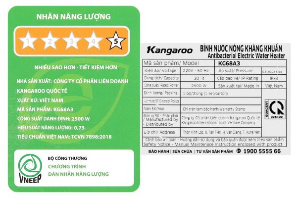 Bình nóng lạnh gián tiếp Kangaroo 30 lít 2500W KG68A3